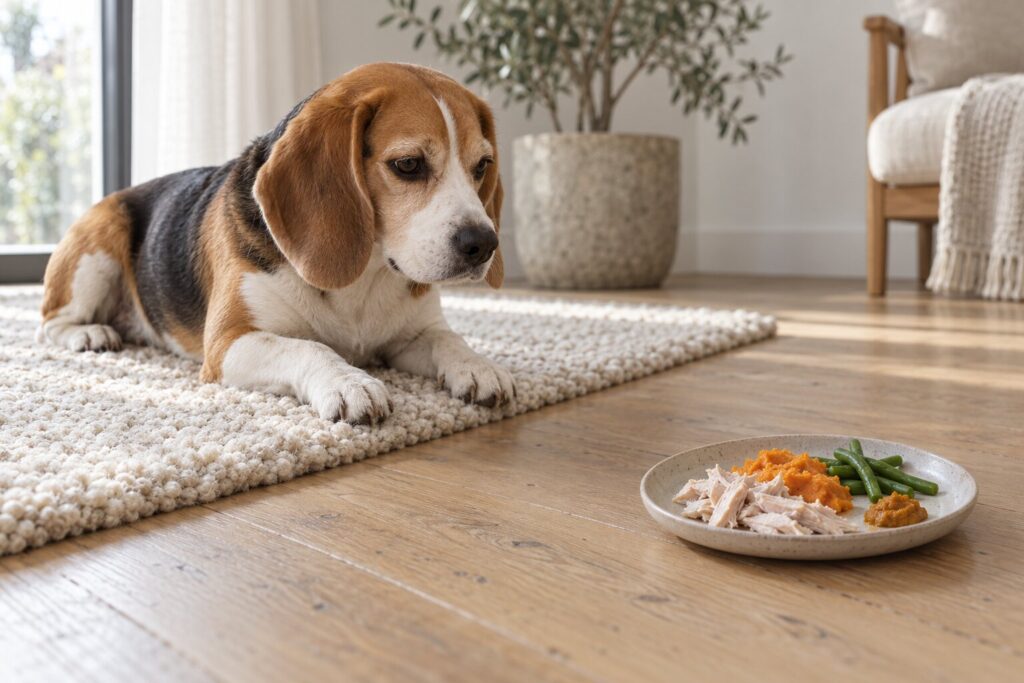 Can Dogs Eat Turkey? 1 A beagle rests on a rug near a small plate of turkey, sweet potato, green beans and pumpkin