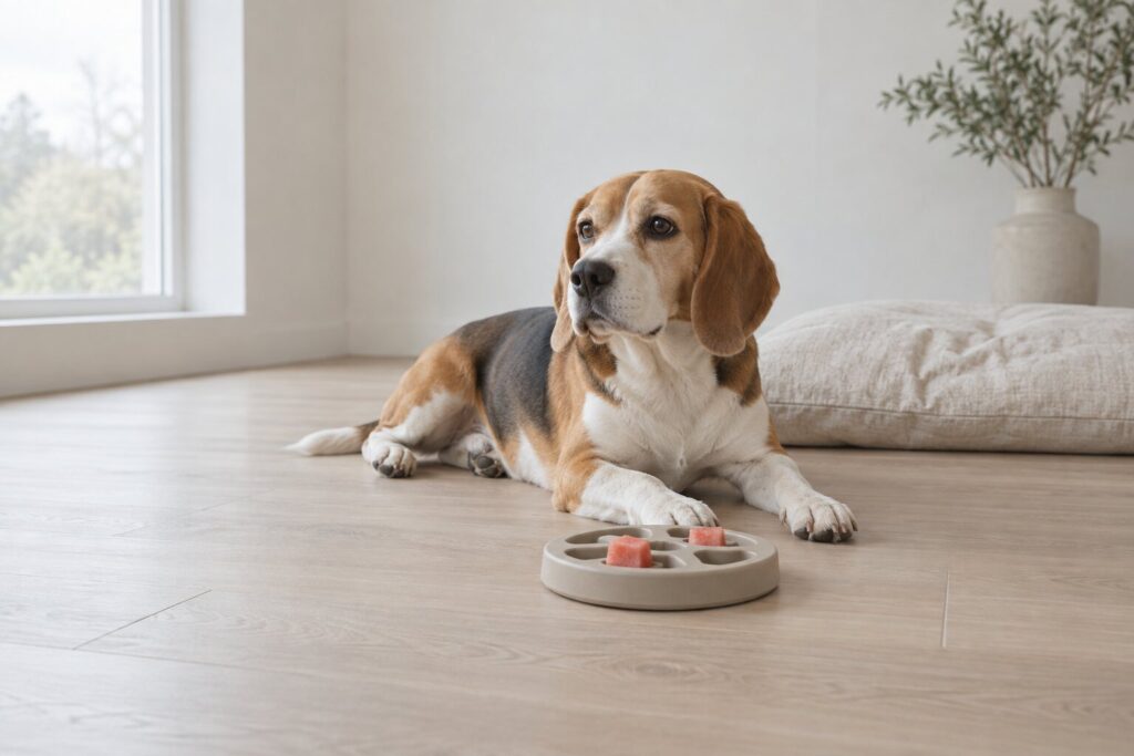 A calm beagle rests beside a rubber puzzle toy filled with small watermelon cubes.