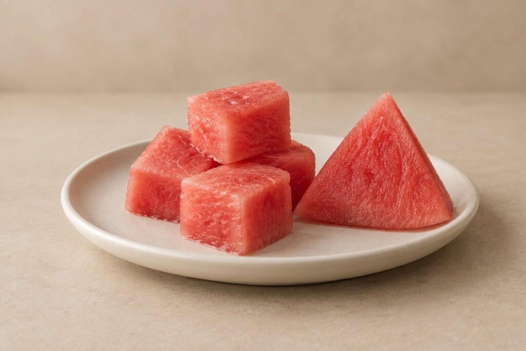 Seedless watermelon cubes and a small wedge sit on a plain ceramic plate.