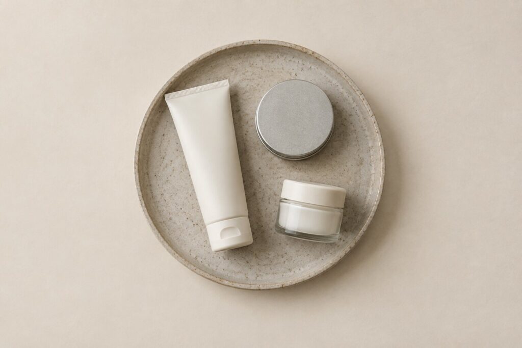 A blank tube, closed tin and simple jar sit on a stoneware tray.