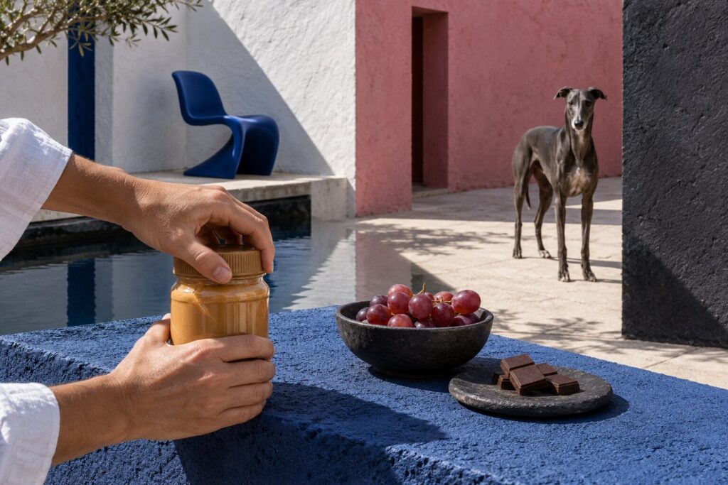 Can I Feed My Dog Table Food? 1 A hand checks a plain jar near separate grapes and chocolate as a greyhound waits at a distance.