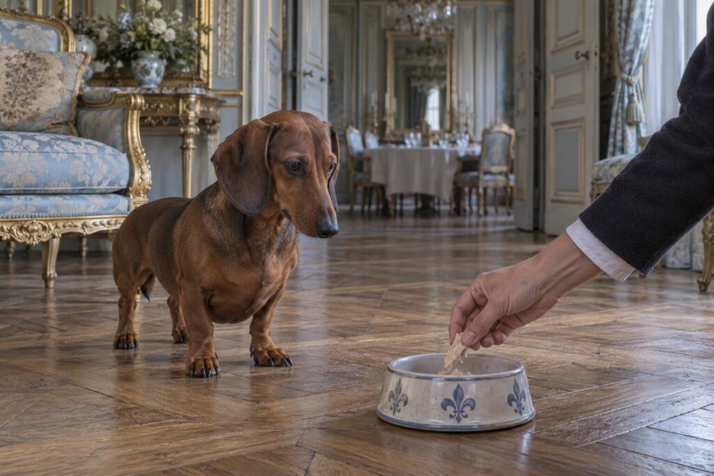 Can I Feed My Dog Table Food? 2 A hand places plain chicken in a dachshund’s bowl after dinner.