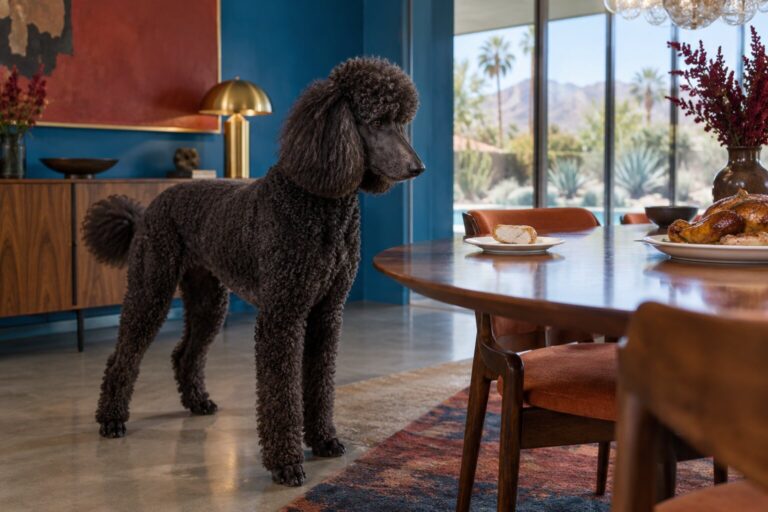 A dark poodle waits beside a plate of plain chicken and a separate platter of sauced roast.