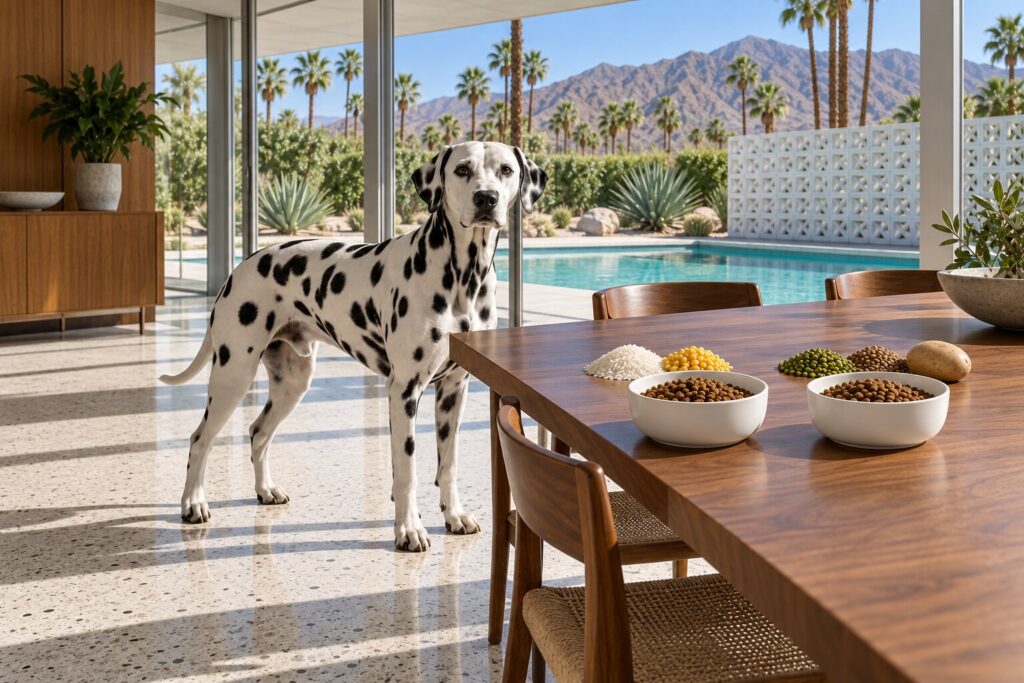 Carbohydrates in Dog Food: The Number Missing From the Label 1 Two identical bowls of kibble on a walnut dining table, with rice and corn behind one and peas, lentils and a potato behind the other, as a Dalmatian looks on.