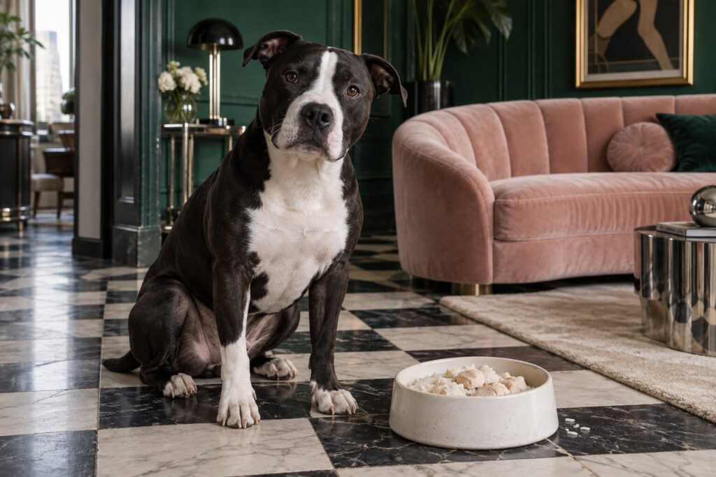 A black-and-white pit bull mix sits beside a small bowl of plain chicken and rice.