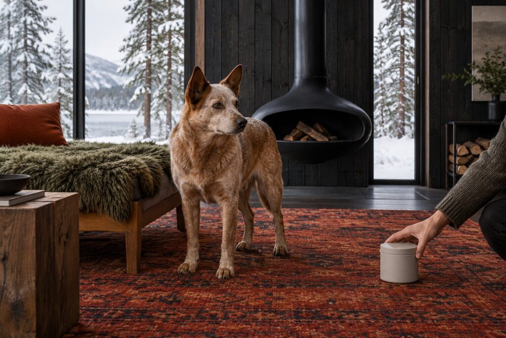 An Australian cattle dog watches as a hand sets a plain closed sample container on a bench.
