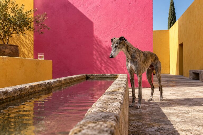 A greyhound watches ripples in a courtyard water trough beneath pink and saffron walls.