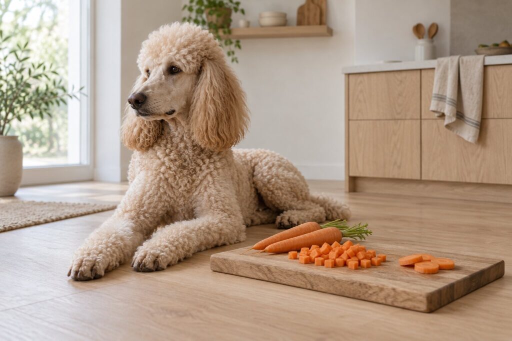 Can Dogs Eat Carrots? 2 A standard poodle rests beside carrot sticks, diced carrot, and round slices on a board.