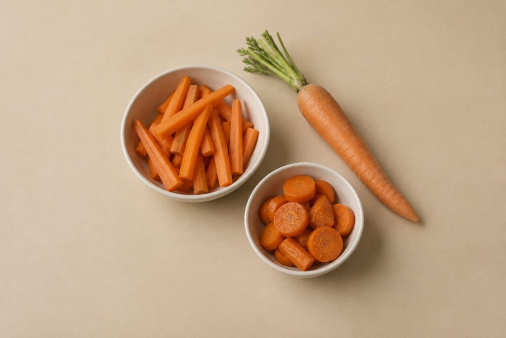 Can Dogs Eat Carrots? 1 Raw carrot sticks and plainly cooked carrot sit in separate ivory dishes.