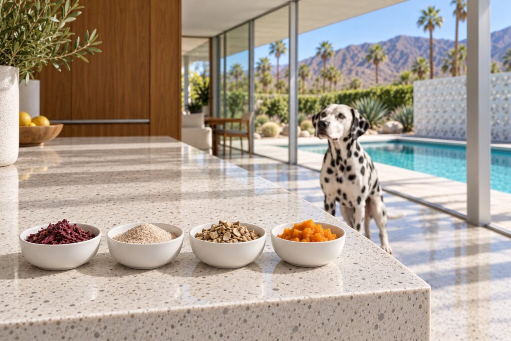 Small dishes of beet pulp shreds, psyllium husk, chicory root and pumpkin in a row, with a Dalmatian behind them.