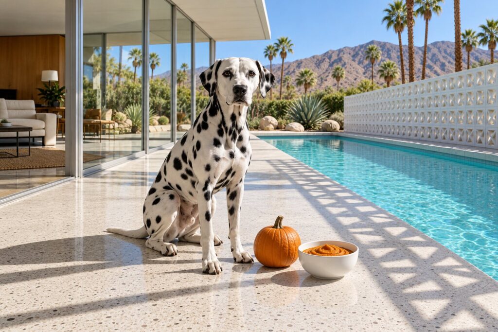 A Dalmatian sits by a breeze-block screen beside a small pumpkin and a bowl of plain pumpkin puree.