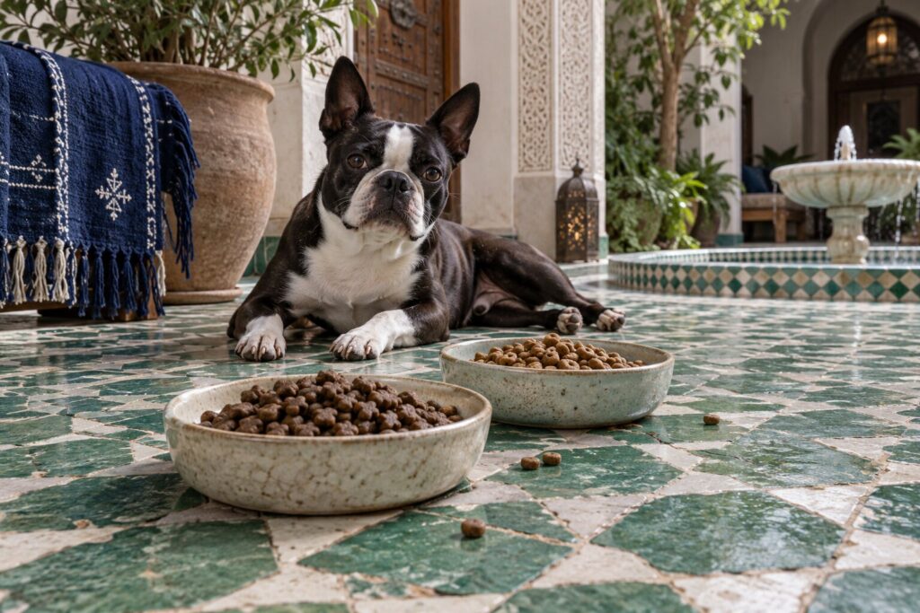 A Boston terrier studies two bowls of differently shaped kibble in a tiled Marrakech courtyard.