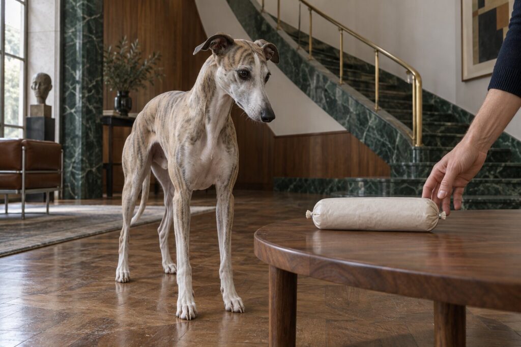 A whippet stands beside a plain wrapped dog-food roll in a walnut-paneled Milanese villa.
