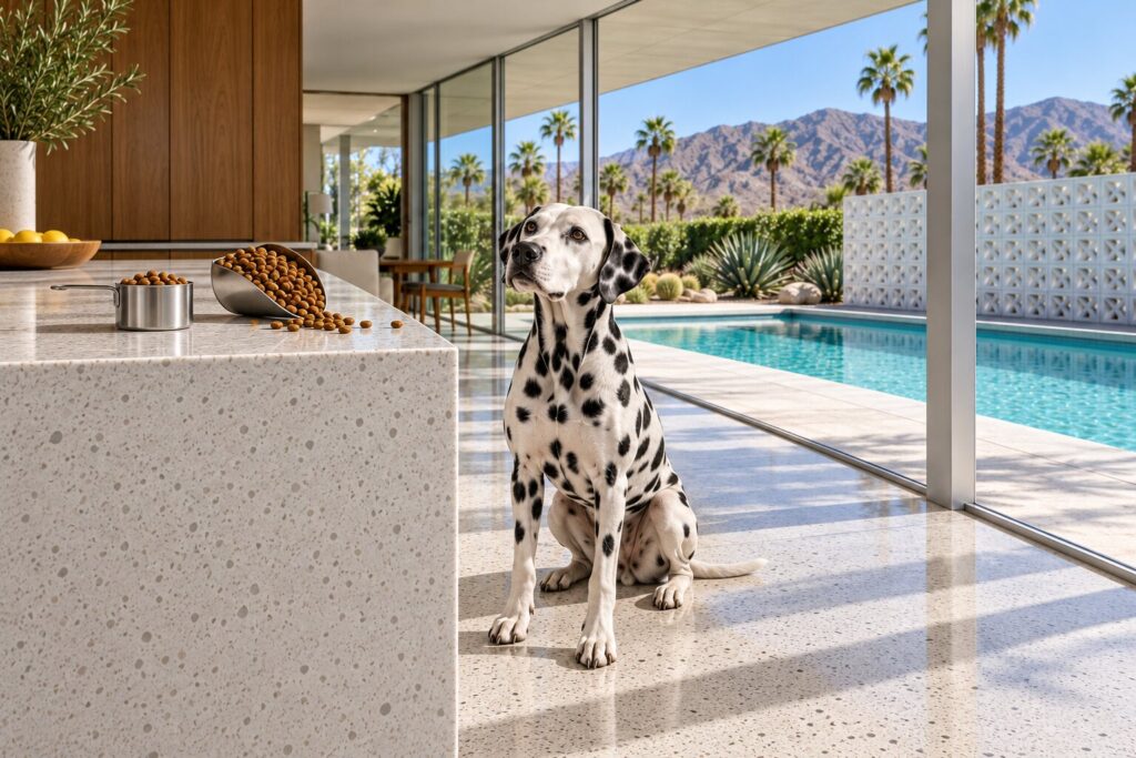 A level measuring cup of kibble beside an overfilled scoop on a terrazzo counter, with a Dalmatian looking on.