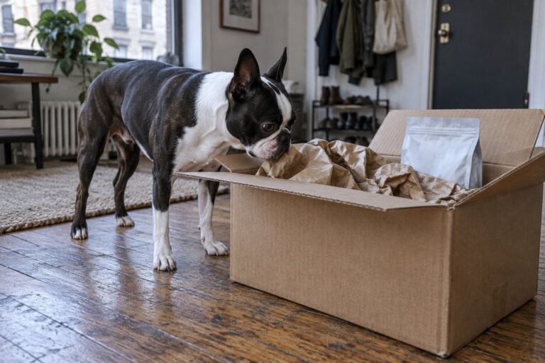 A Boston terrier investigates an open delivery box with a plain dog-food bag inside.