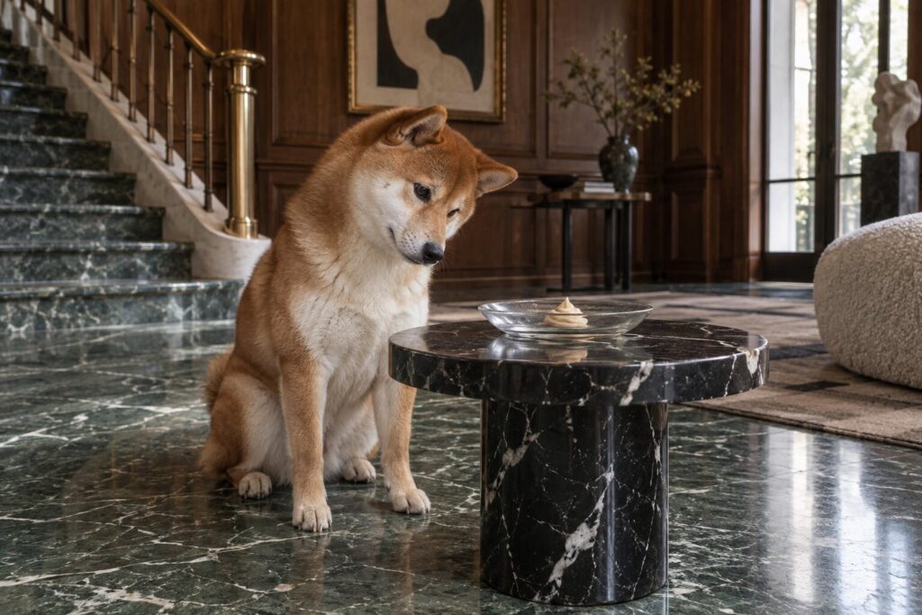 A Shiba Inu sits beside a small glass dish holding a swirl of pale pet food puree.