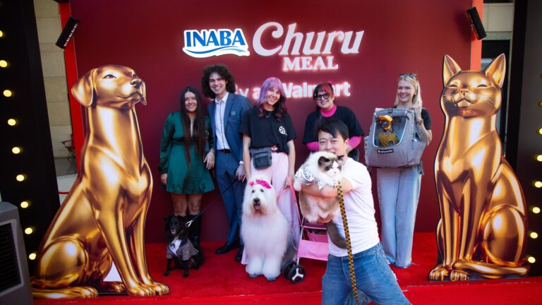 Guests with their dogs and cats on the INABA Churu Meal red carpet in Hollywood, between two gold dog and cat statues