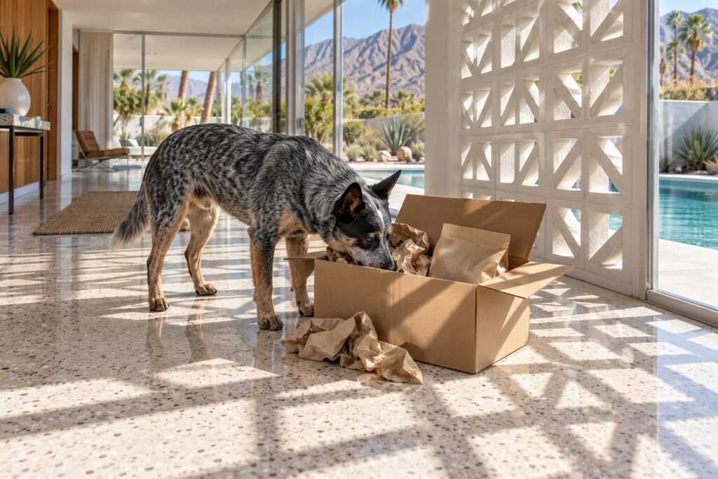 Kismet dog food arrives at PetSmart with three new freeze-dried toppers 1 An Australian cattle dog noses into an opened delivery box on a terrazzo floor.