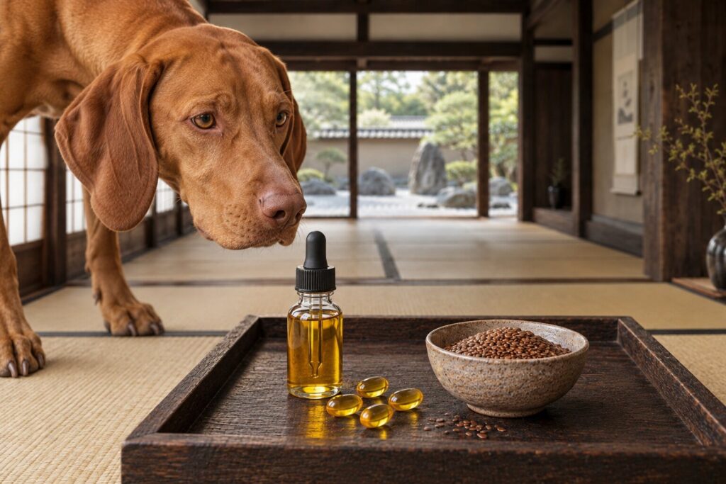 Omega-3 and Omega-6 in Dog Food 1 An amber bottle of fish oil, a few softgel capsules and a bowl of flaxseed on a timber tray, with a Vizsla nearby.