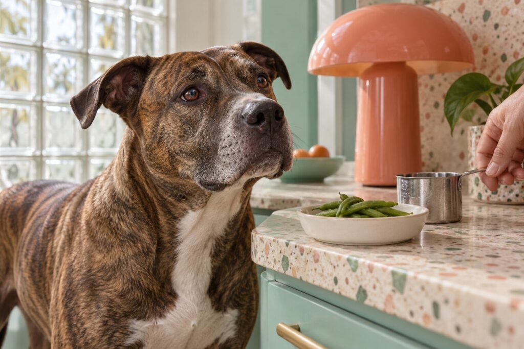 A brindle pit bull mix watches a dish of green beans beside a metal measuring cup in a colorful deco kitchen.