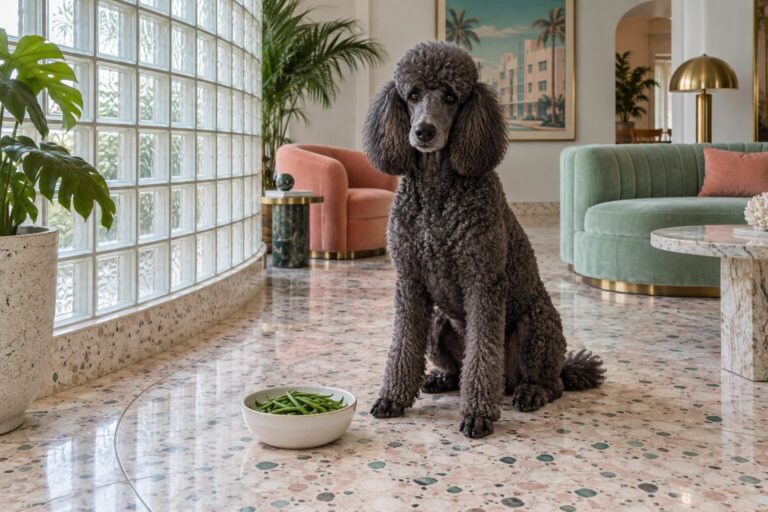 A charcoal poodle sits beside a bowl of green beans in a pastel Miami deco room.