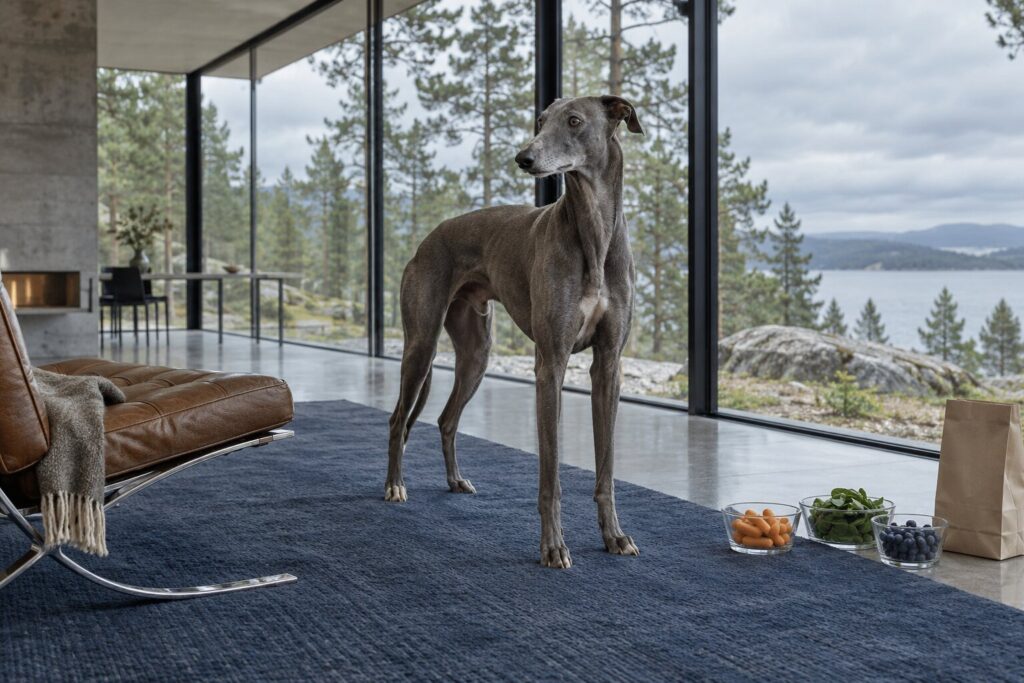A greyhound stands apart from small vegetable dishes and a plain food bag in a forest glass pavilion.