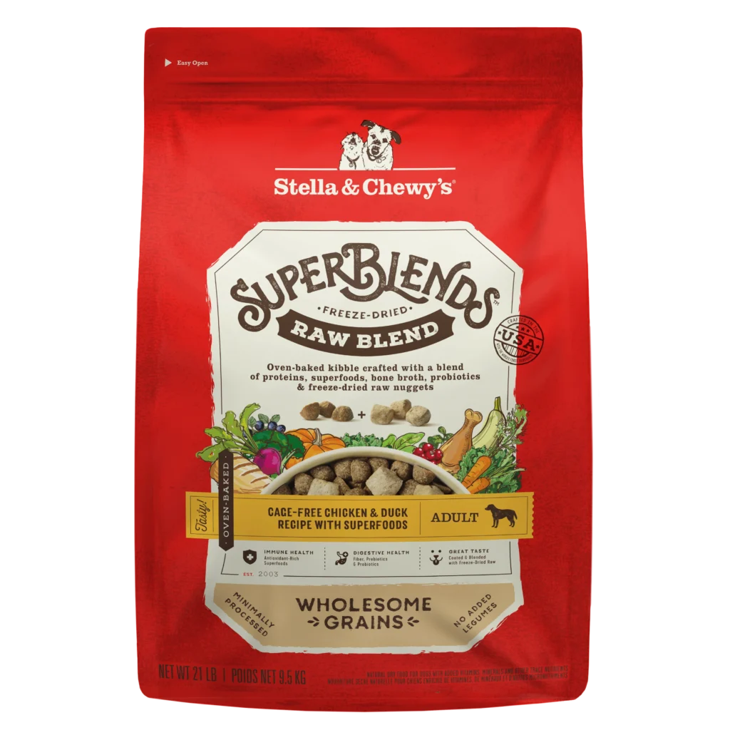 Stella & Chewy’s SuperBlends Chicken & Duck : Raw Coated/Raw Blend Oven Baked Kibble with Superfoods, Antioxidants & Probiotics Dry Dog Food