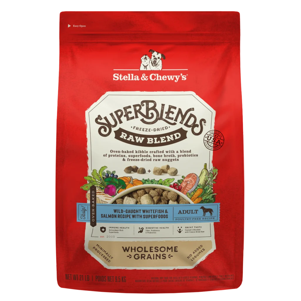 Stella & Chewy’s SuperBlends Whitefish & Salmon : Raw Blend Oven Baked Kibble with Superfoods, Antioxidants & Probiotics Dry Dog Food