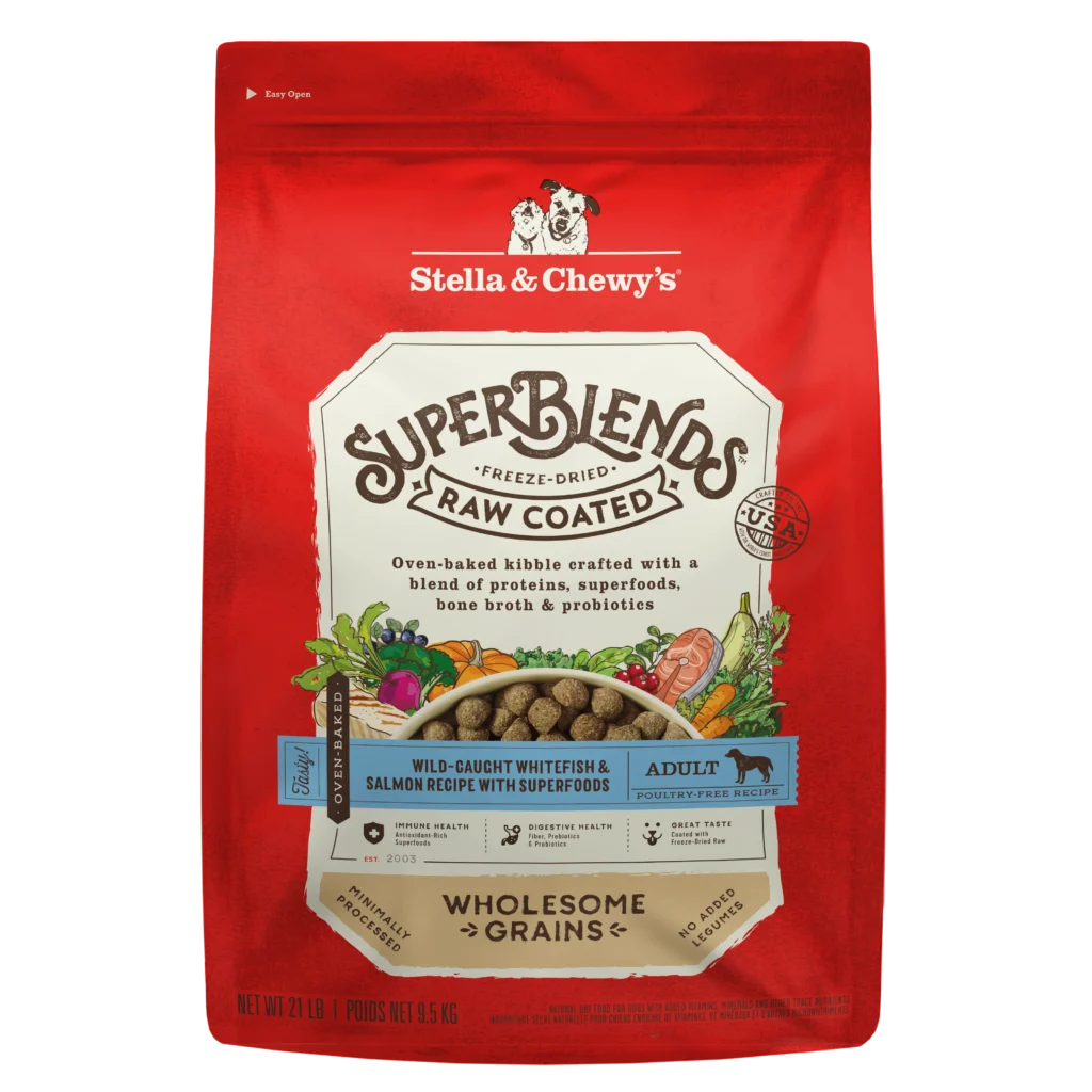 Stella & Chewy’s SuperBlends Whitefish & Salmon : Raw Coated Oven Baked Kibble with Superfoods, Antioxidants & Probiotics Dry Dog Food