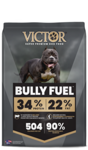 Victor Purpose Bully Fuel, beef and chicken recipe, boasts a 34/22 Dry Dog Food