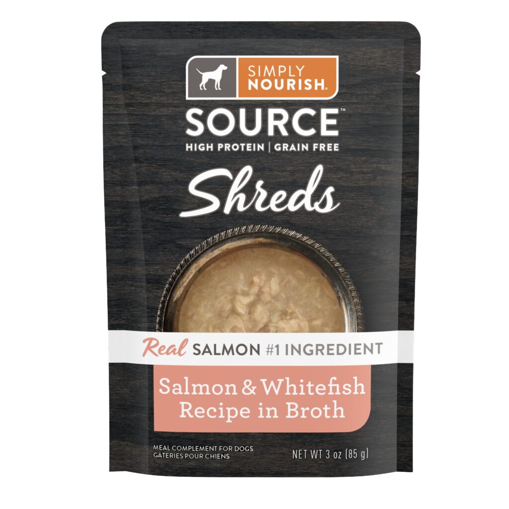 Simply Nourish Source High Protein Dog Meal Topper – Shreds, Salmon & Whitefish in Broth Dog Food Topper