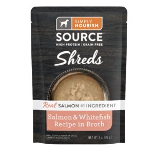 Simply Nourish Source High Protein Dog Meal Topper - Shreds, Salmon & Whitefish in Broth Grain-Free Dog Food Topper