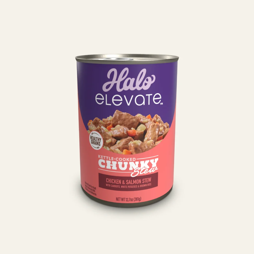 Halo Elevate Kettle Cooked Chunky Healthy Grains Chicken & Salmon Stew w/ C Wet Dog Food