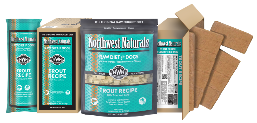 Northwest Naturals Nuggets; Bulk Meal Bars; Chubs Trout Recipe Frozen Dog Food