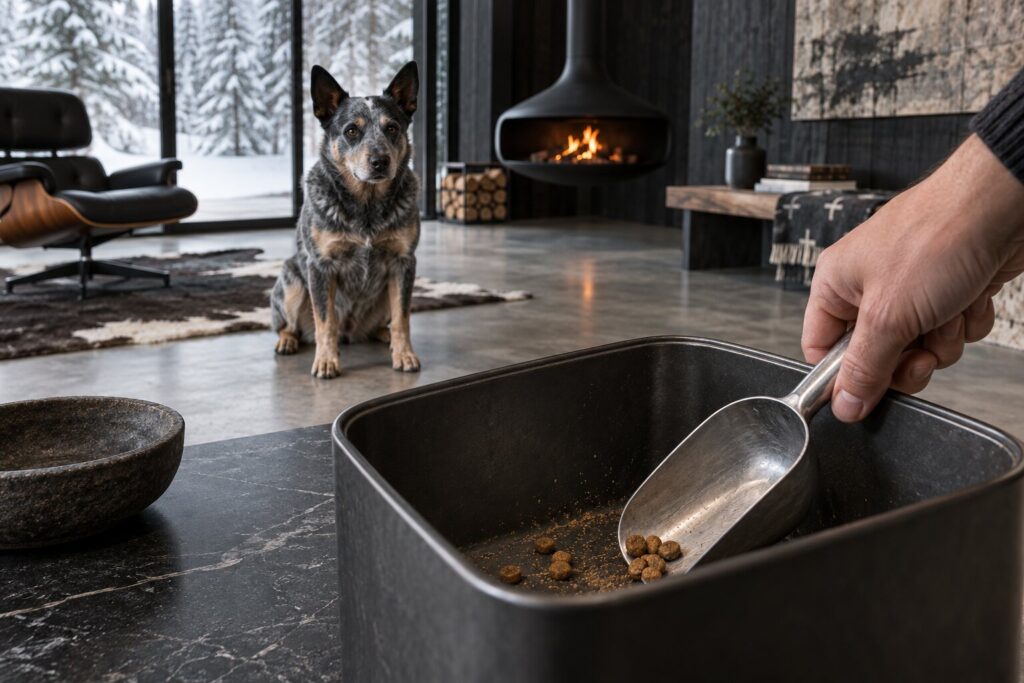 A blue-speckled dog watches a metal scoop gather the last kibble from a nearly empty bin.