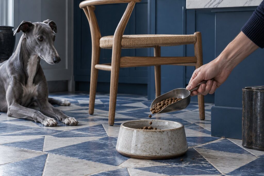 A hand holds a scoop of kibble beside a bowl as a greyhound waits nearby.