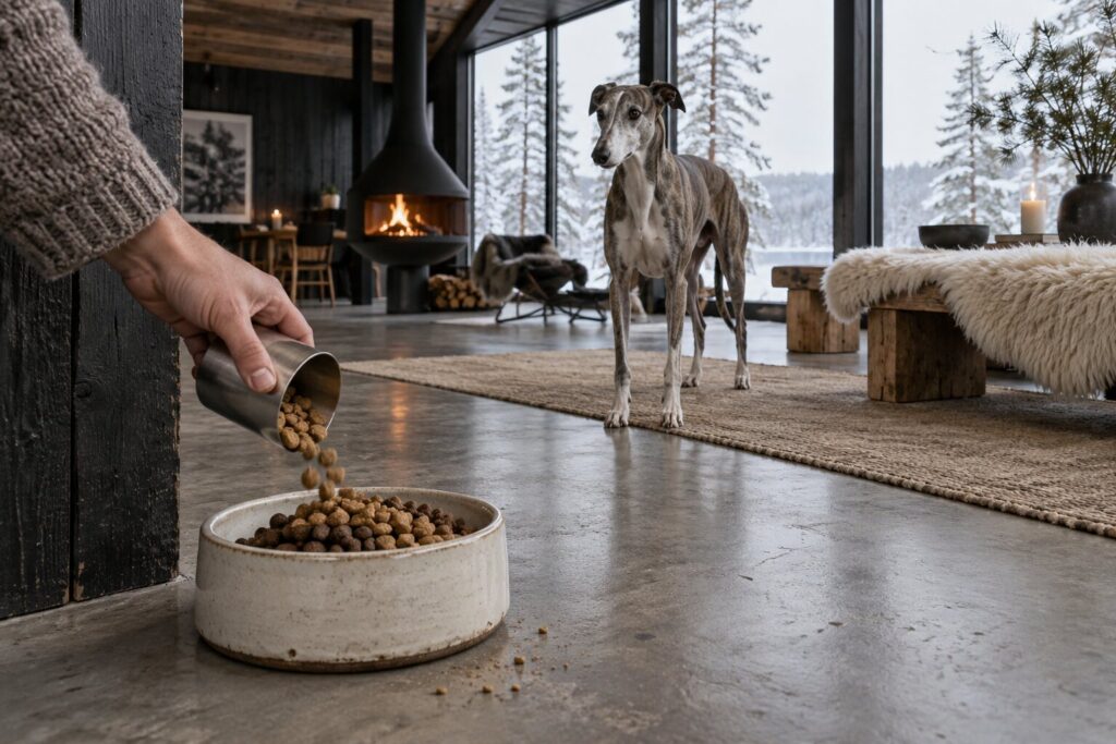 A hand adds a small scoop of kibble to a bowl as a greyhound watches in a snowy modernist cabin.
