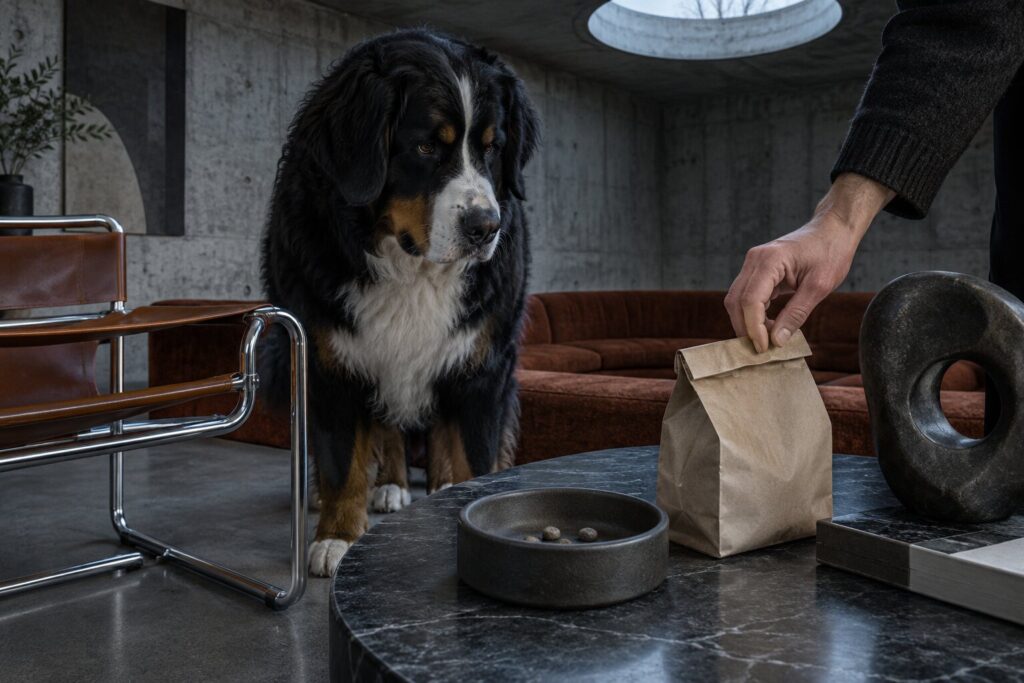 A Bernese Mountain Dog watches a hand fold a nearly empty plain food bag beside a bowl with a few kibble pieces.