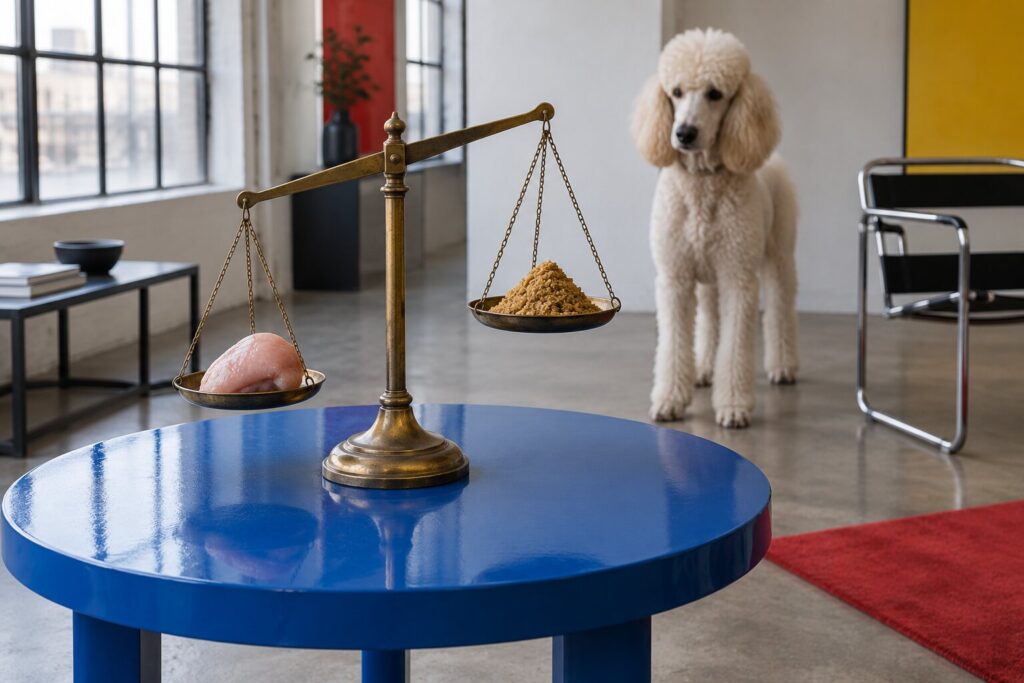 A brass balance scale compares fresh chicken with dry chicken meal as a poodle watches in a Bauhaus studio.