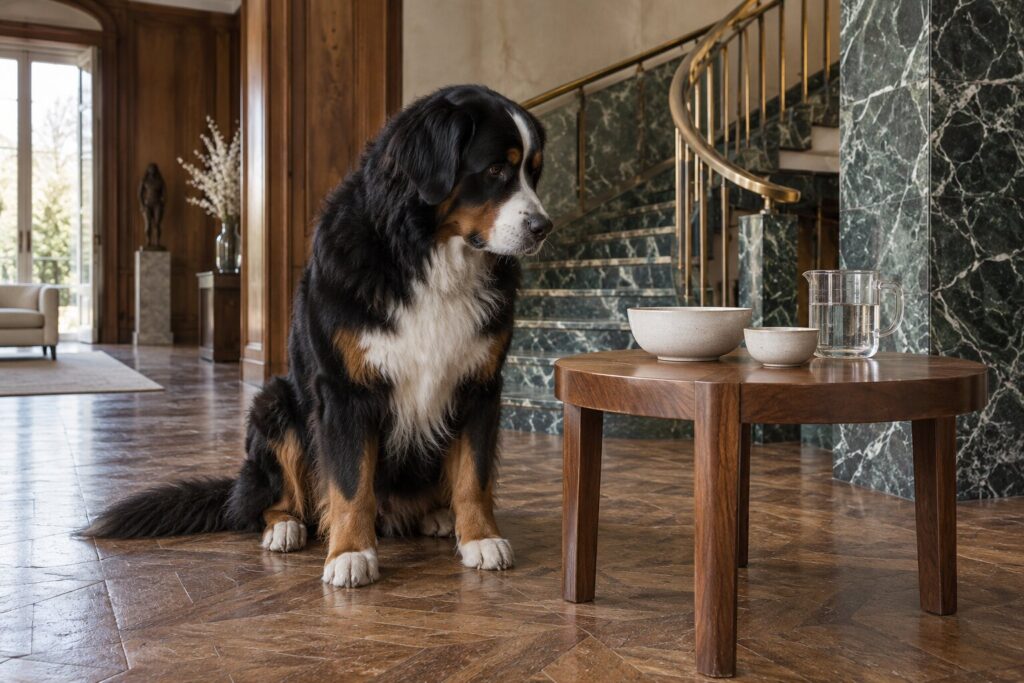 A Bernese mountain dog sits beside two bowls and a clear measuring jug in a marble and walnut villa.