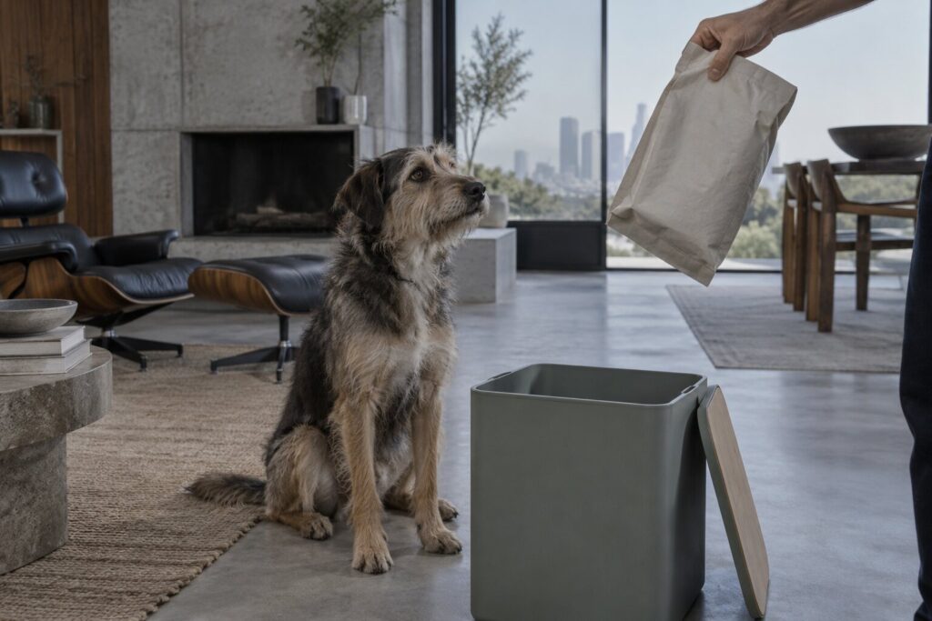 A scruffy mixed-breed dog watches a hand inspect a plain kibble bag beside an empty storage bin.