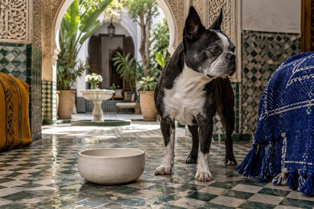 A Boston terrier pauses beside an untouched bowl in a tiled courtyard corner.