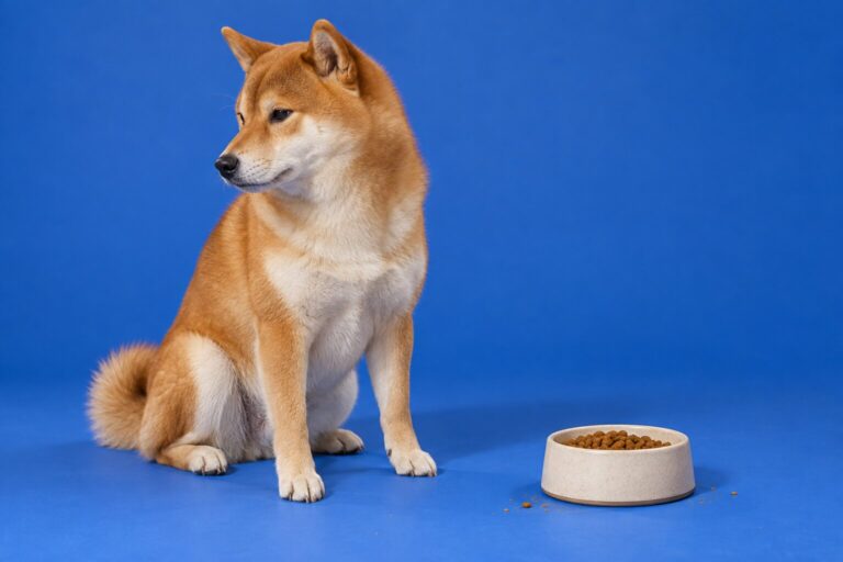 A red Shiba Inu looks away from a full bowl of kibble against a cobalt-blue backdrop.